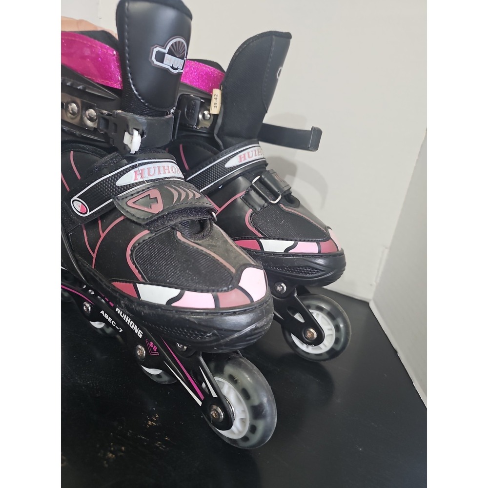 Girls Adjustable Inline Skates Light Up Wheels ABEC-7 Pink Black Size 39-42